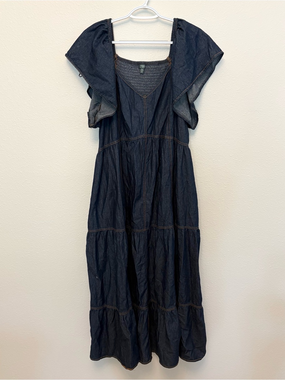 Terra & Sky Plus Size 2X Midi Dress Blue Denim Tiered Smocked Boho Pockets